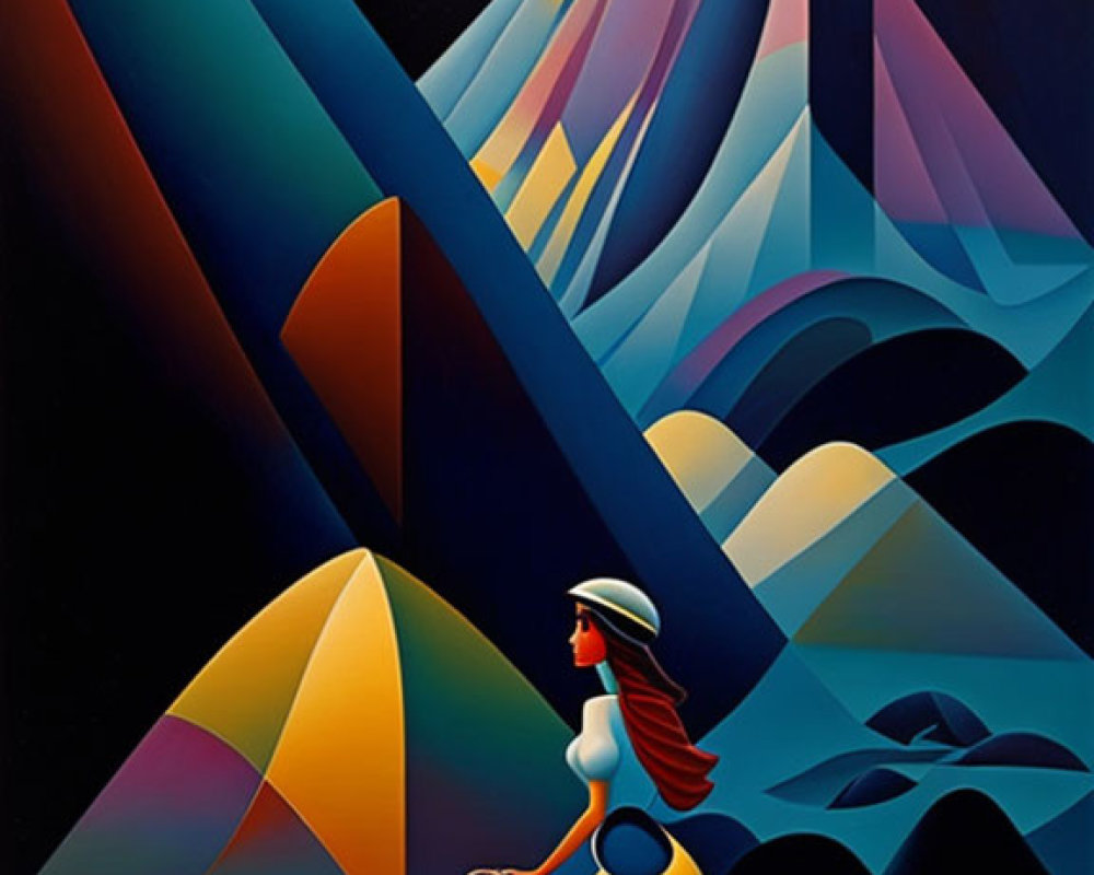 Colorful Geometric Mountains Night Sky Painting with Woman on Bicycle