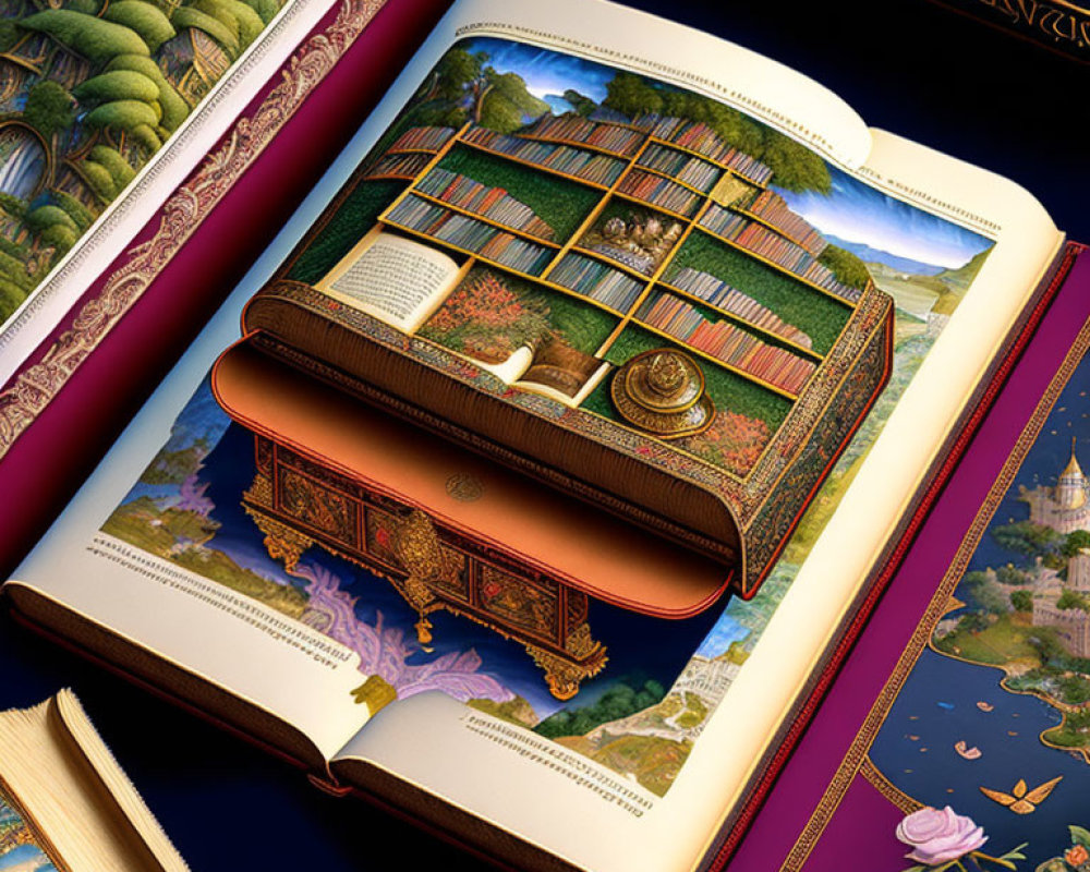 Illustrated book page: Vibrant 3D garden scene with ornate borders