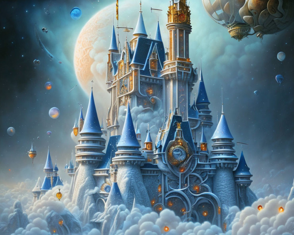 Fantastical castle on clouds with giant moon and airship in sky