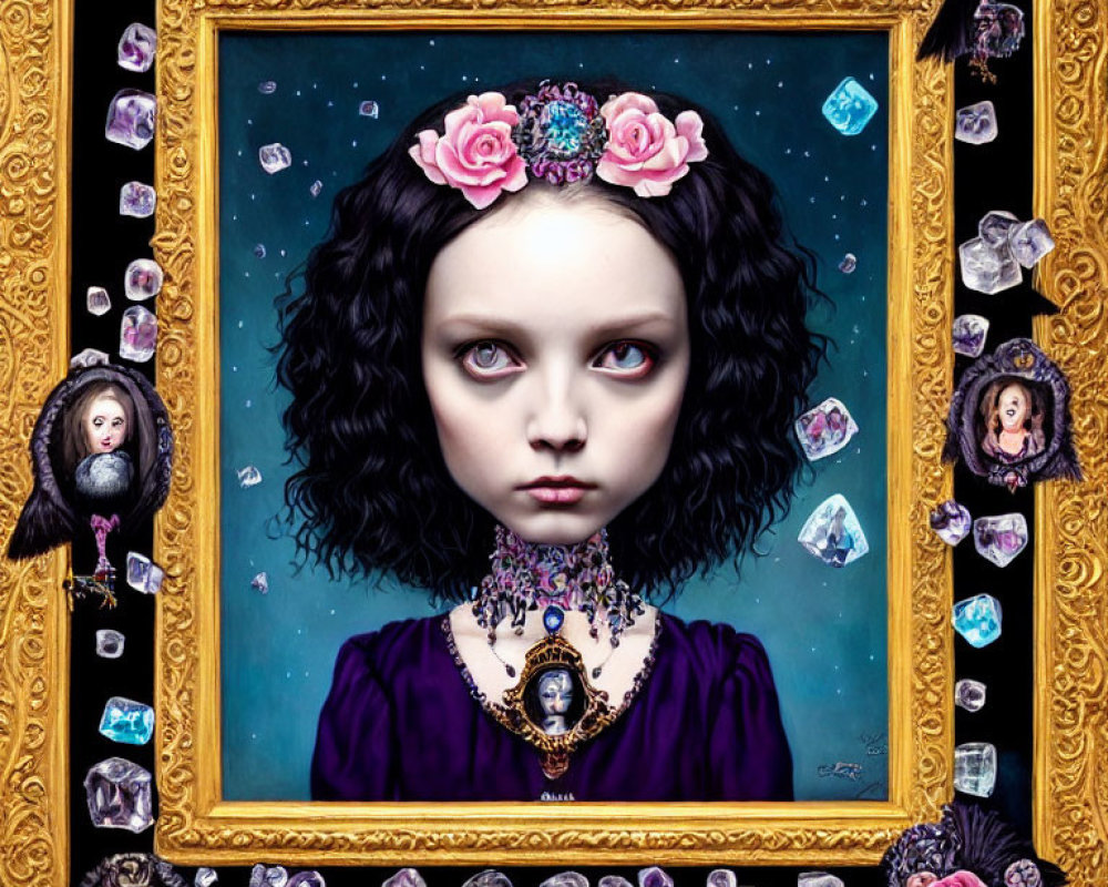 Portrait of girl with big eyes and black hair in ornate golden frame surrounded by floating heads, roses