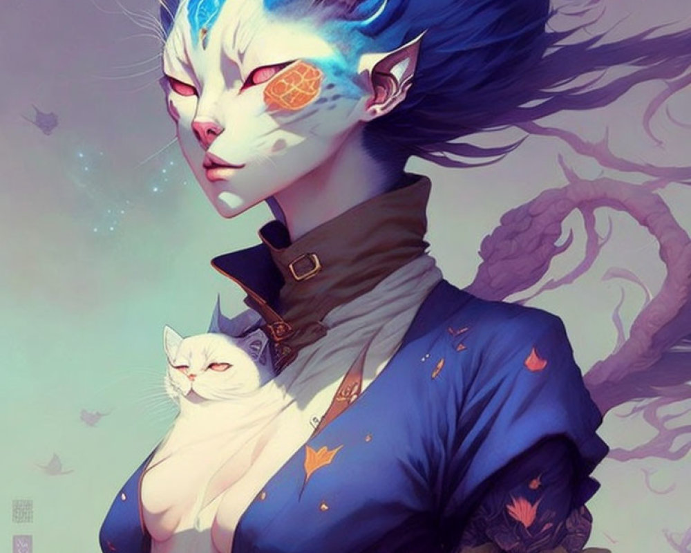 Stylized artwork of person with cat-like face, blue hair, navy outfit, holding white cat
