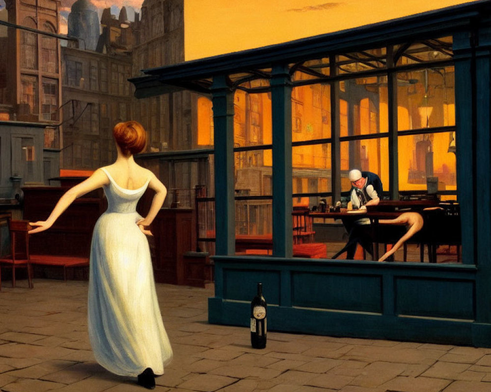 Woman in white dress dances at city sunset, man reads newspaper in tranquil diner.
