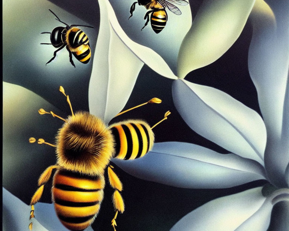 Detailed bees with intricate wings and fuzzy bodies on white flowers in soft gray background
