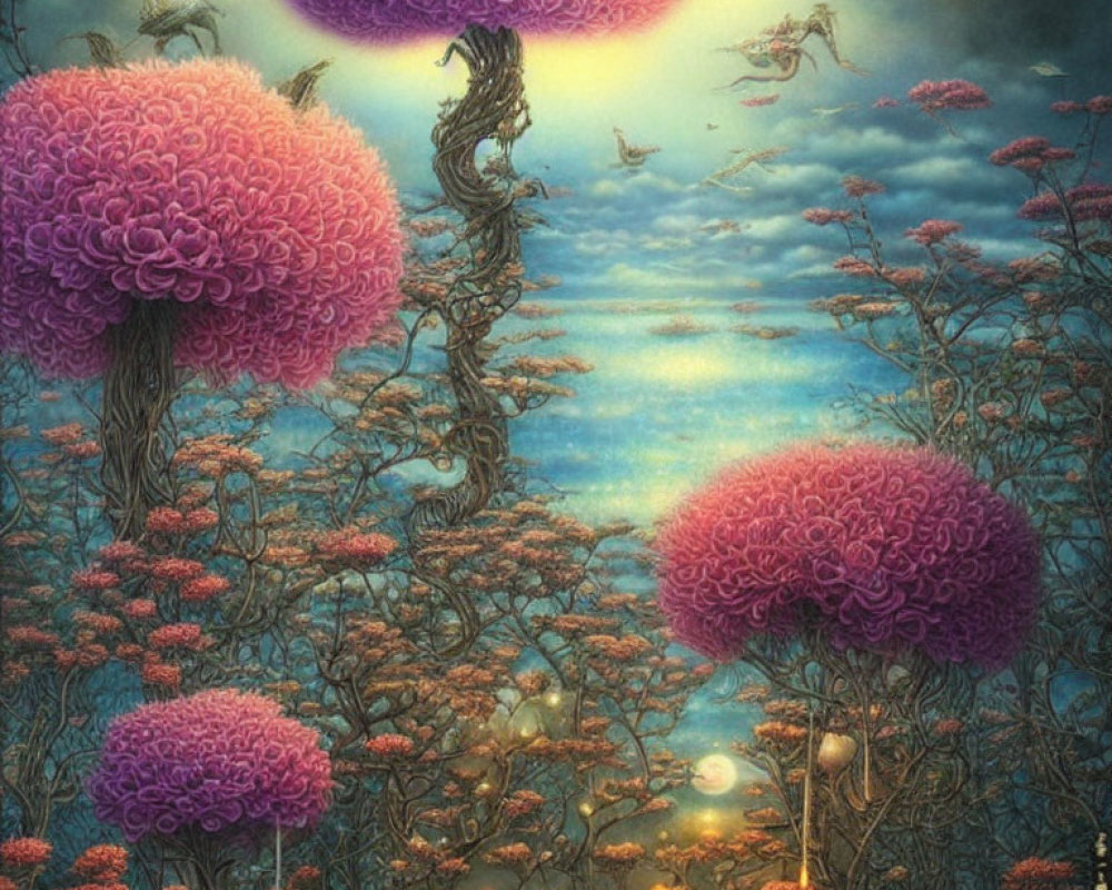 Vibrant pink brain-like trees in ethereal landscape
