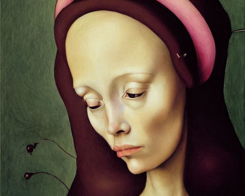 Surreal painting: melancholic female figure with elongated features and tall hat on green background.