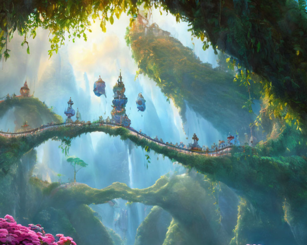 Fantastical landscape with floating temples, lush cliffs, waterfalls, pink flowers, and sunlight rays