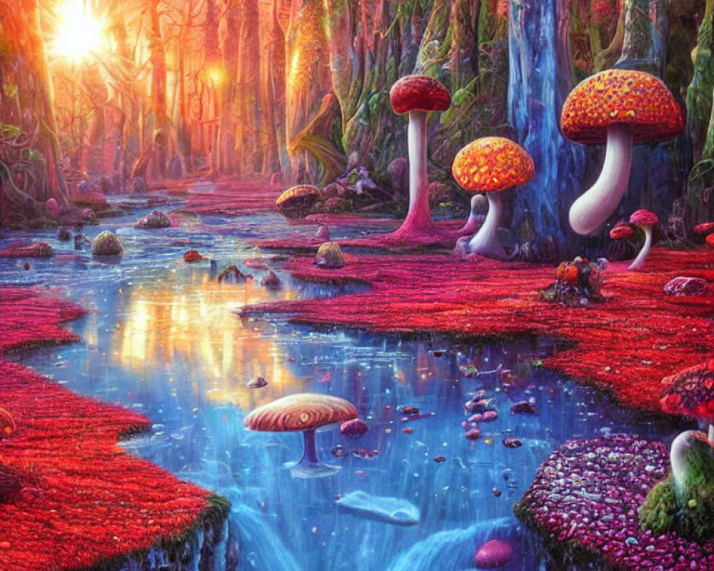 Colorful Mushroom Forest with Glowing Sunset & Stream