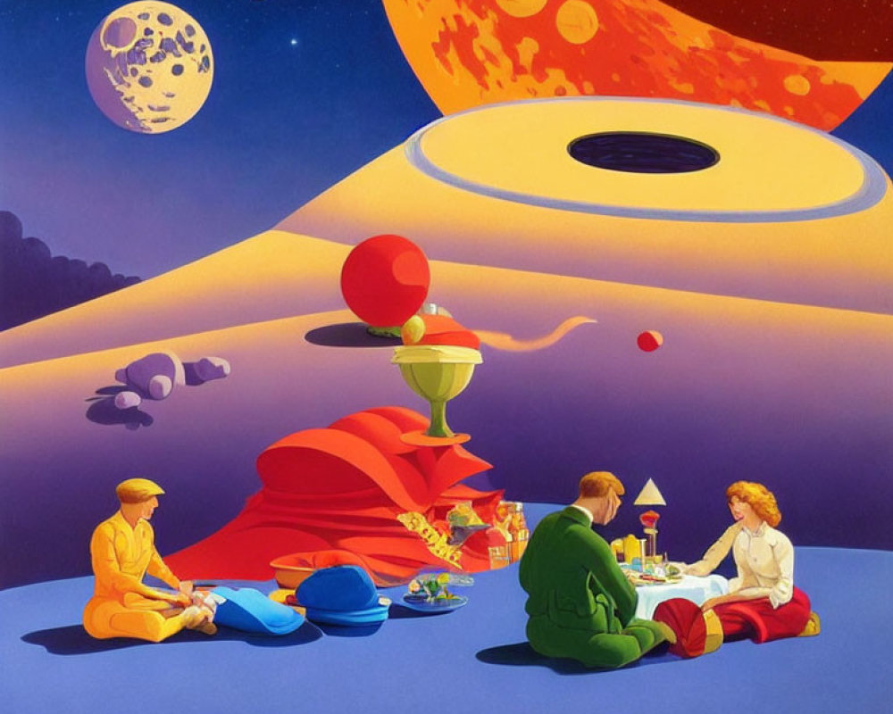 Colorful surreal artwork: Four individuals dining on floating platform