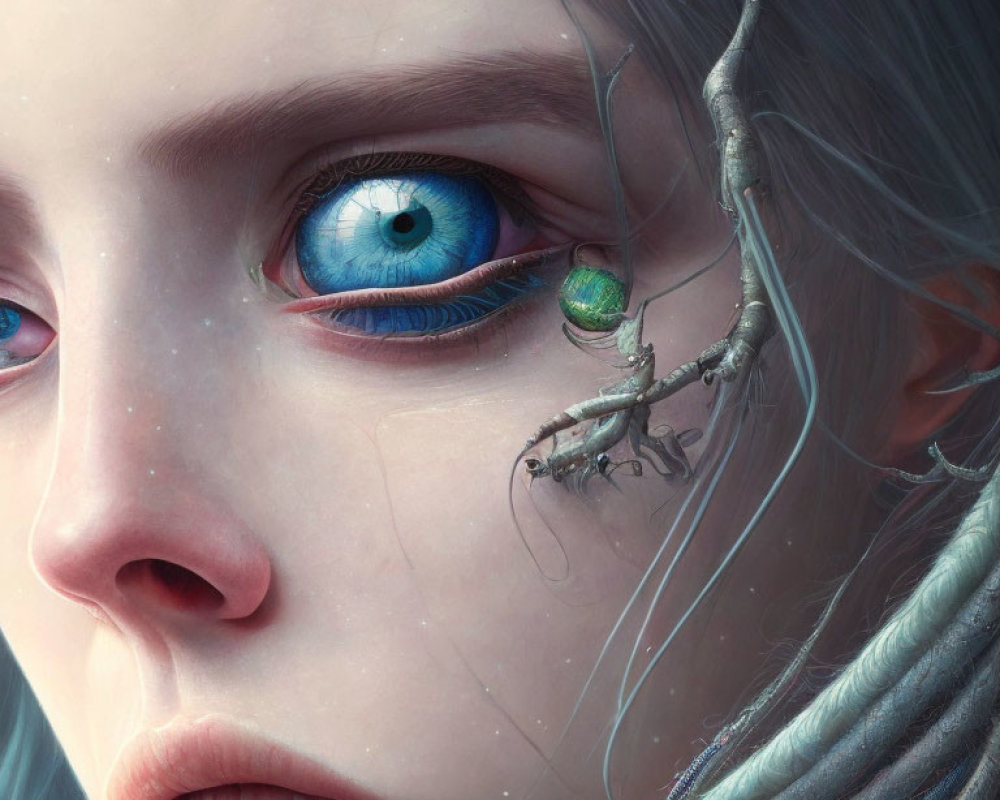 Person with Striking Blue Eyes and Green Lizard-Like Creature in Surreal Setting