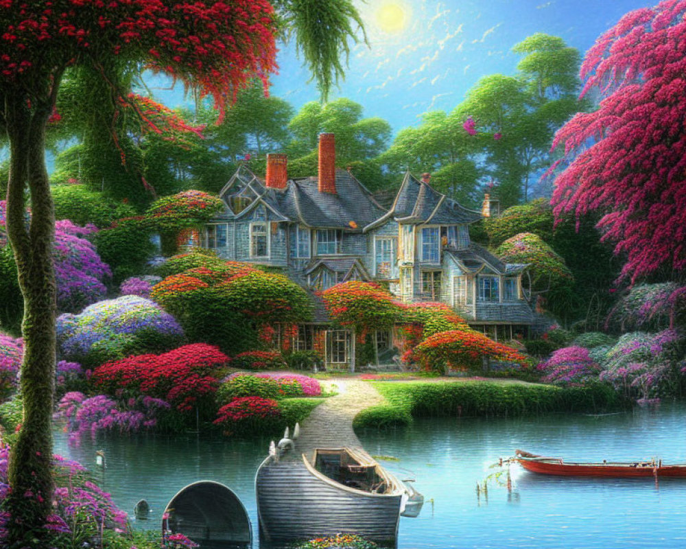 Victorian-style house surrounded by lush gardens and serene lake with boats and stone bridge.