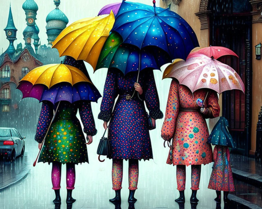 Four people with colorful umbrellas in the rain by ornate building