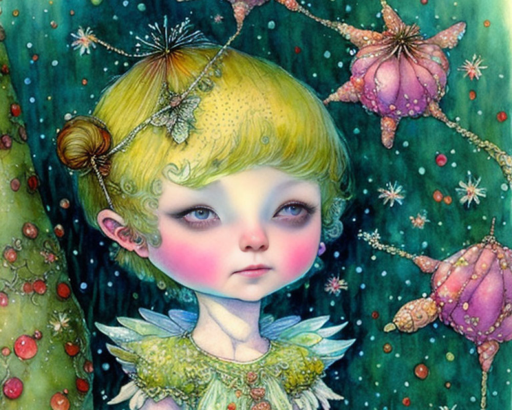 Fantasy illustration of a child with expressive eyes and nature-inspired outfit
