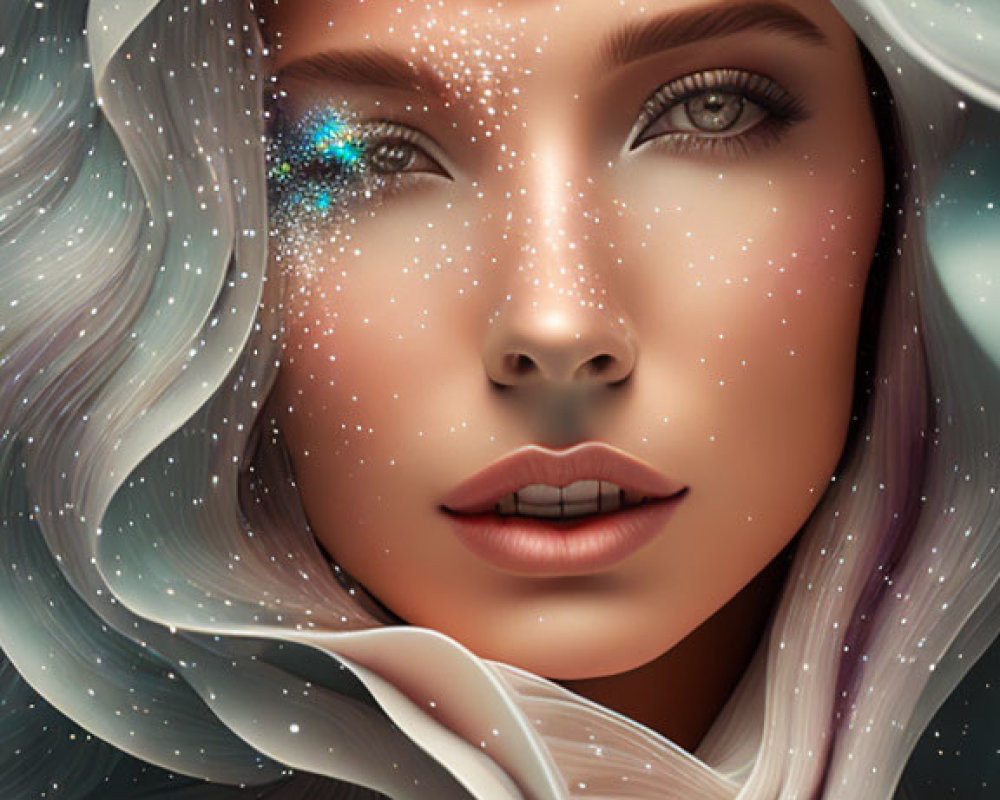 Cosmic-themed fantasy portrait with flowing hair and nebulae patterns