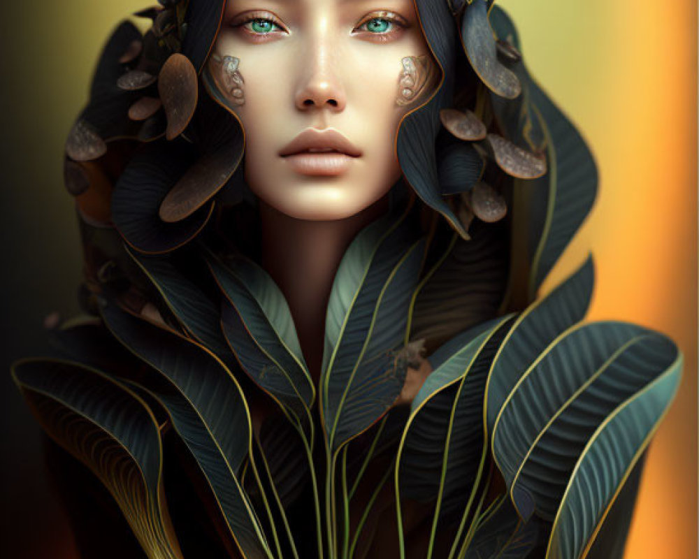 Digital artwork: Woman with blue eyes and botanical headdress on warm gradient.