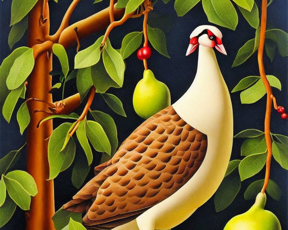 Stylized bird with red and white head on branch with green leaves and yellow fruits