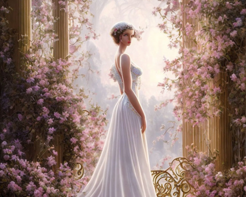 Woman in white gown by balcony surrounded by pink flowers and sunlight.