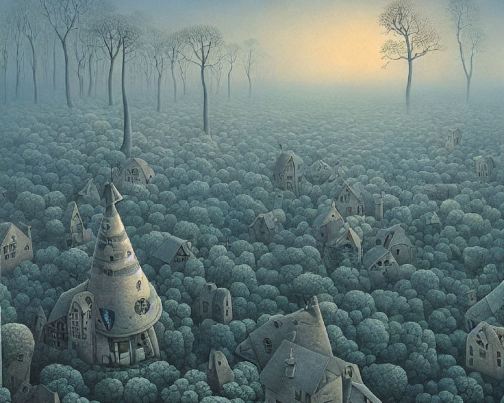 Surreal landscape with round bush-like structures and whimsical houses under hazy dawn sky