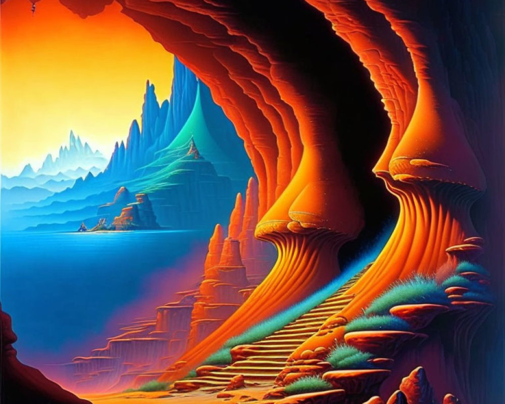 Colorful Surrealist Landscape with Orange Structures and Blue Spires