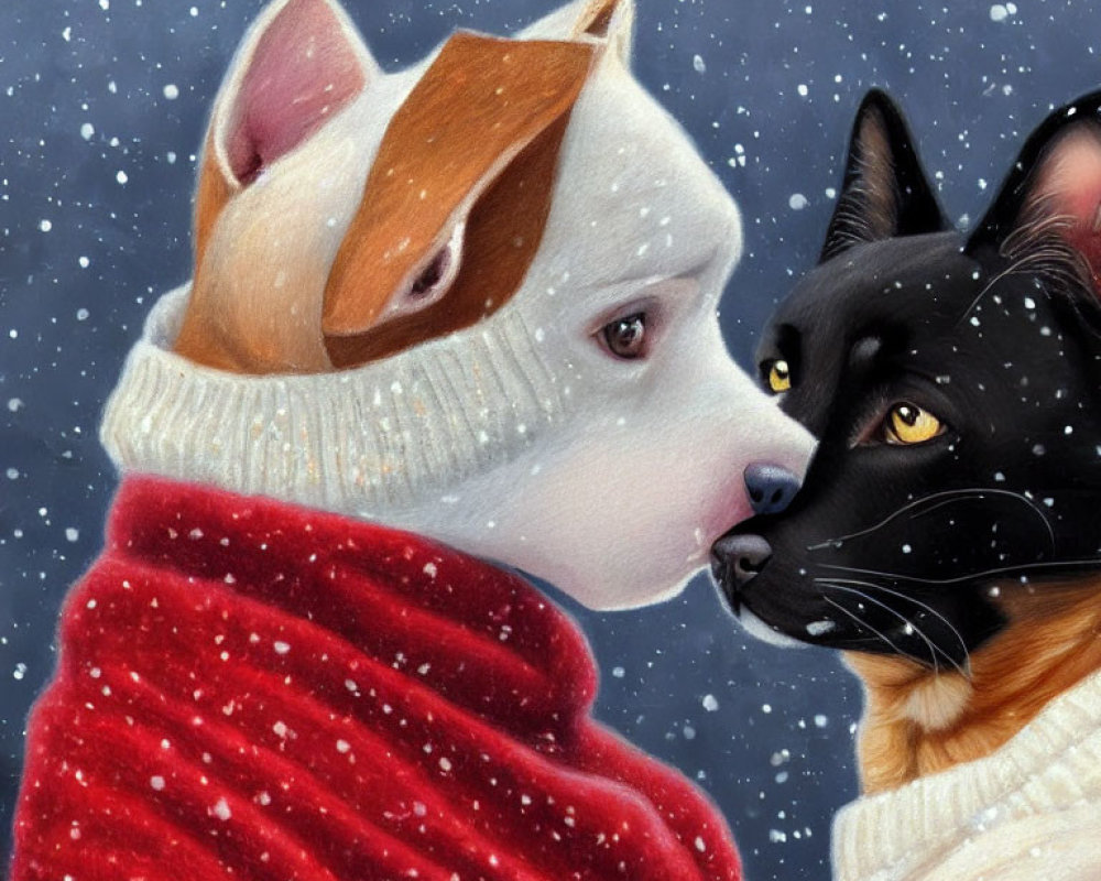 Dog and cat in sweaters enjoying snowfall together