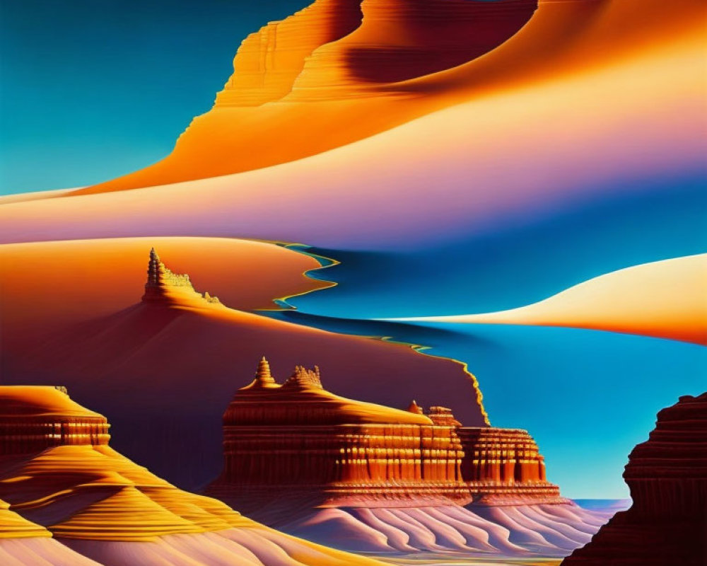 Colorful surreal desert landscape with smooth dunes and layered rock formations.