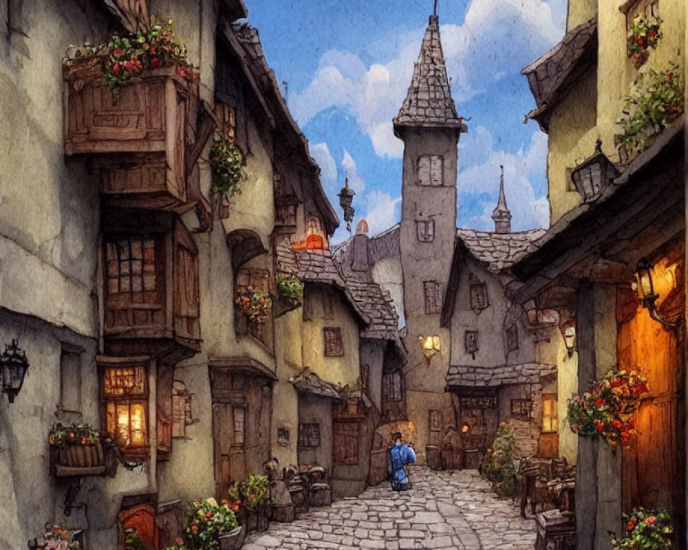 Cobblestone village street with timbered houses and flowers