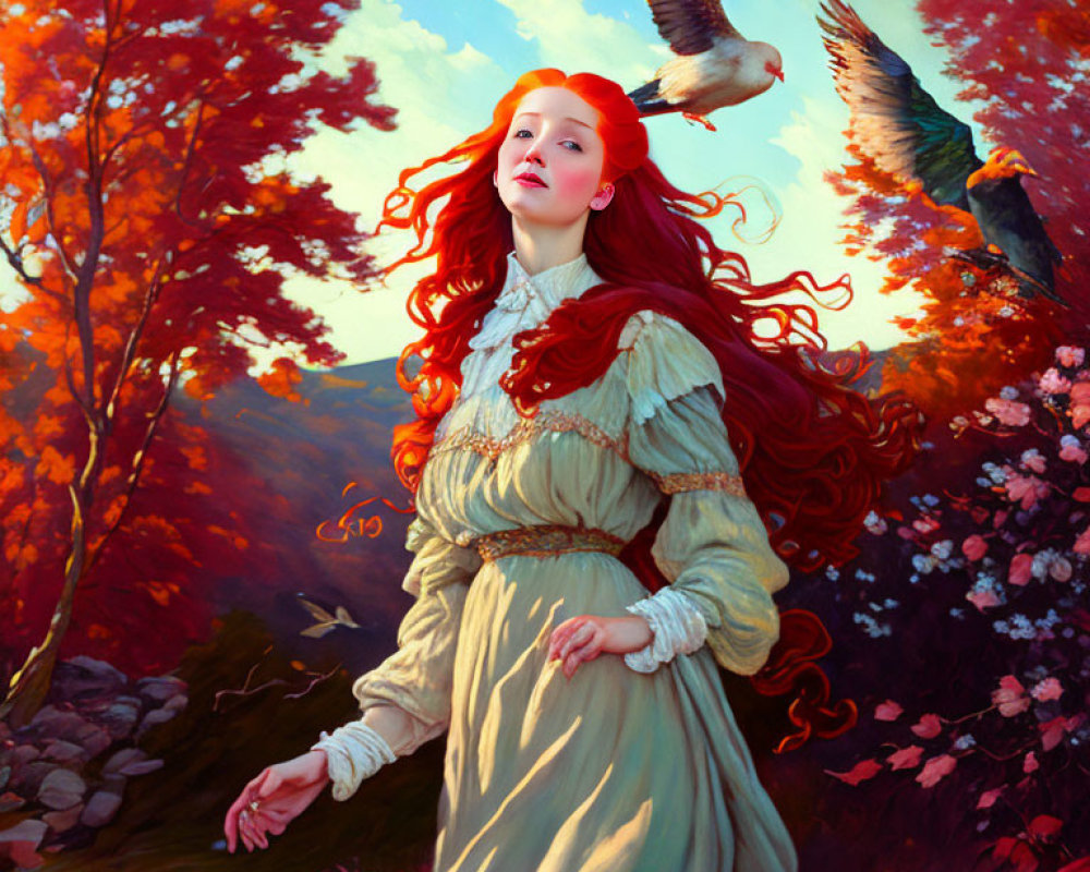Red-haired woman in vintage dress in vibrant autumn forest with birds.