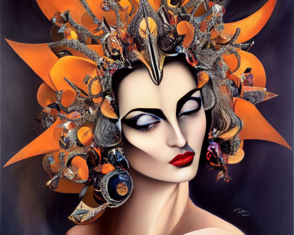 Woman with Stylized Makeup and Elaborate Orange Feather Headdress