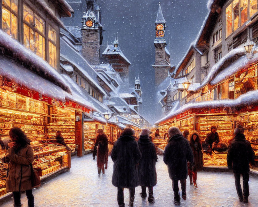 Snow-covered outdoor market with warmly lit stalls and clock towers in winter scene