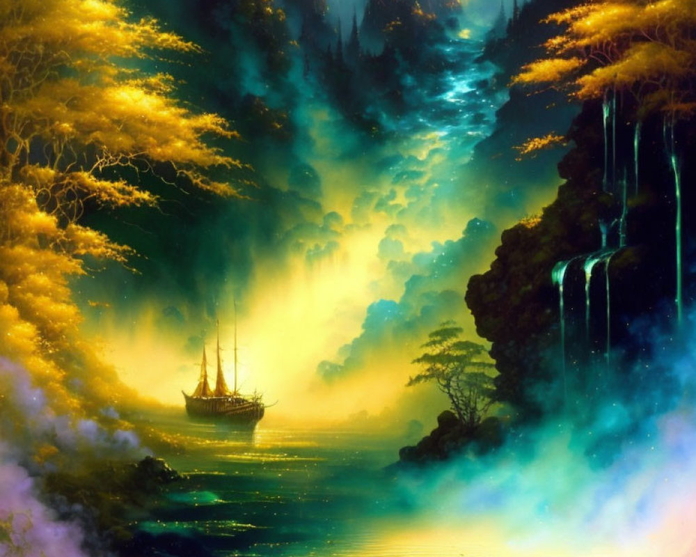Ethereal landscape with ship, waterfalls, glowing trees & mist