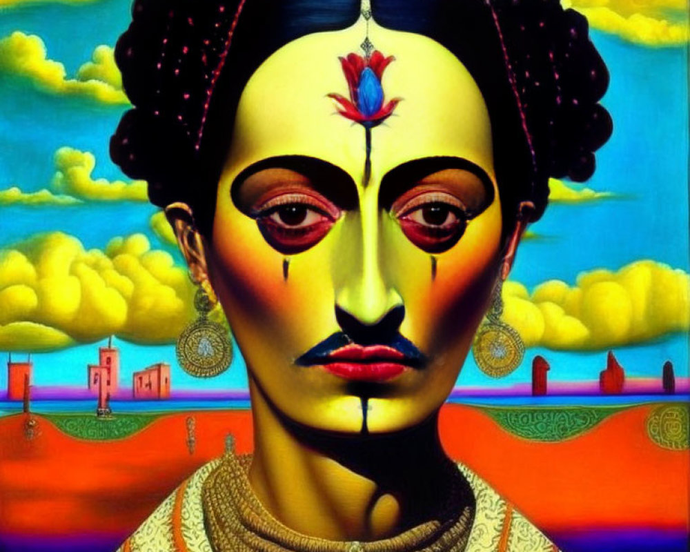 Stylized portrait of woman in traditional attire against surreal landscape