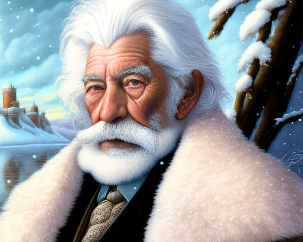 Elder man in fur coat in snowy landscape with castle
