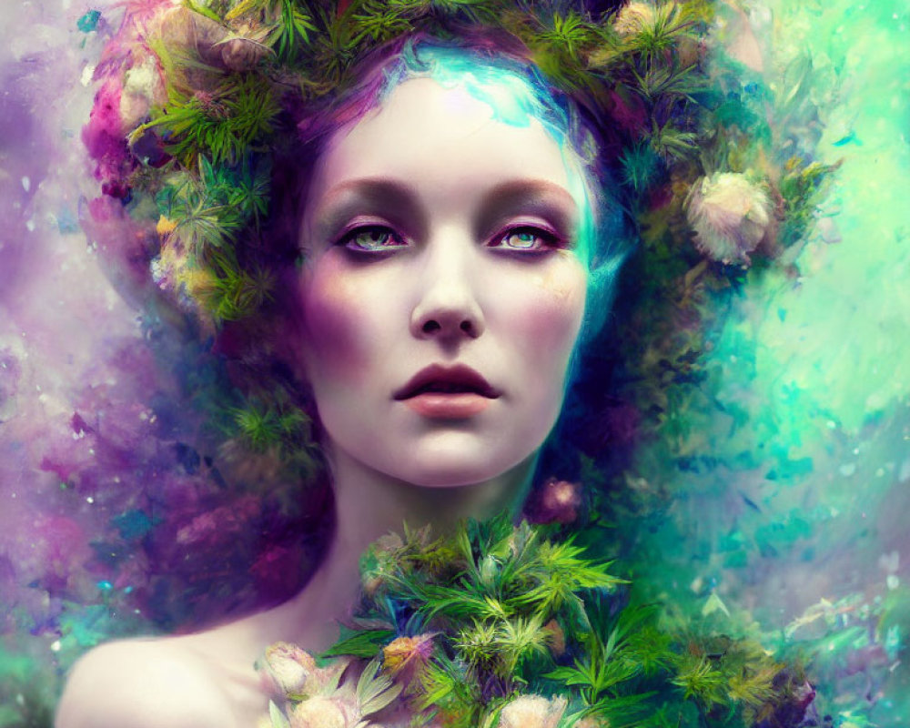 Colorful Portrait of Woman with Foliage Crown and Ethereal Background