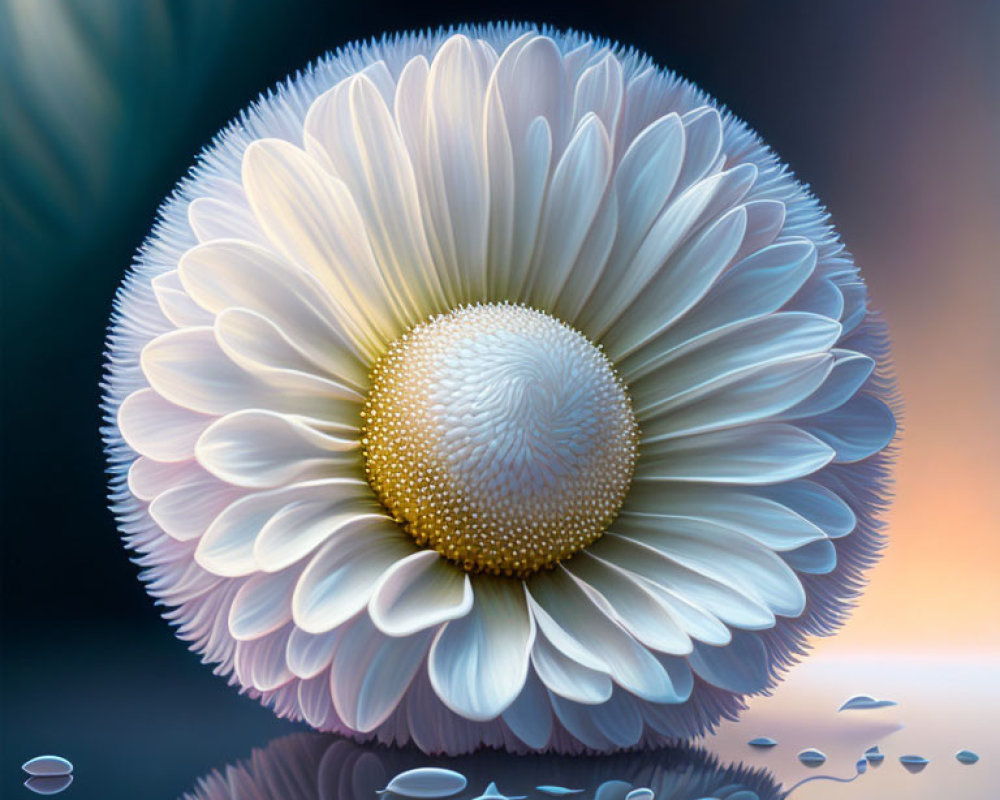 Detailed White Daisy Image with Textured Center and Water Droplets Reflection