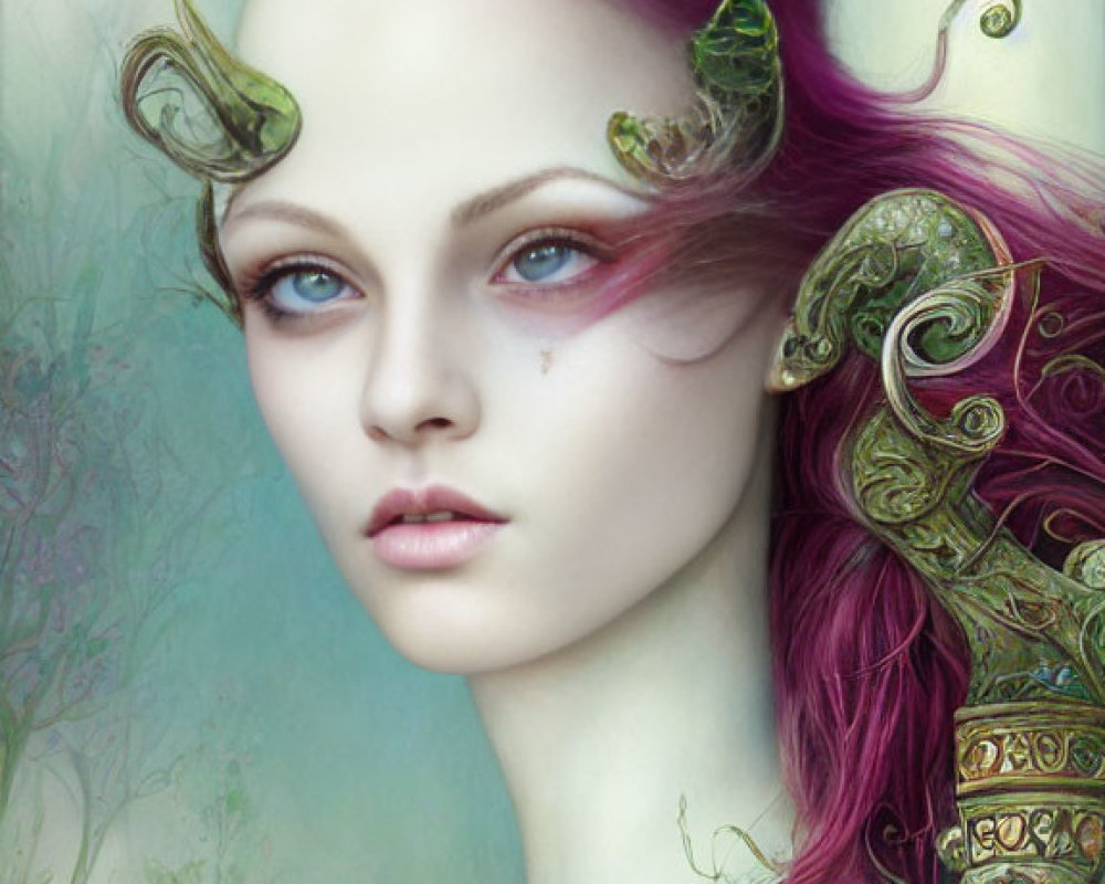 Digital artwork of woman with purple hair and fantasy armor, adorned with green horn-like structures.