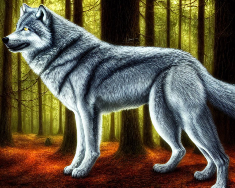 Majestic grey wolf in mystical forest with sunlight filtering