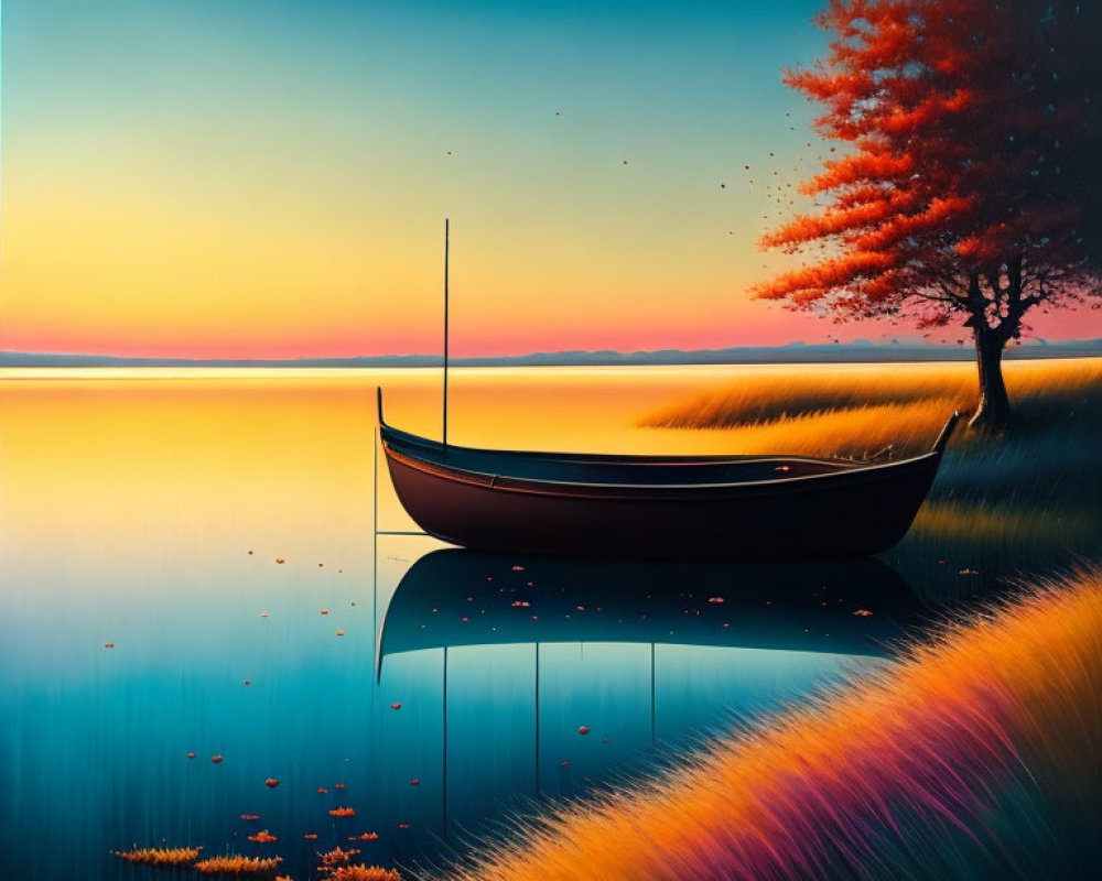 Tranquil scene: solitary boat, calm water, vibrant grass, autumn tree, colorful sunrise or