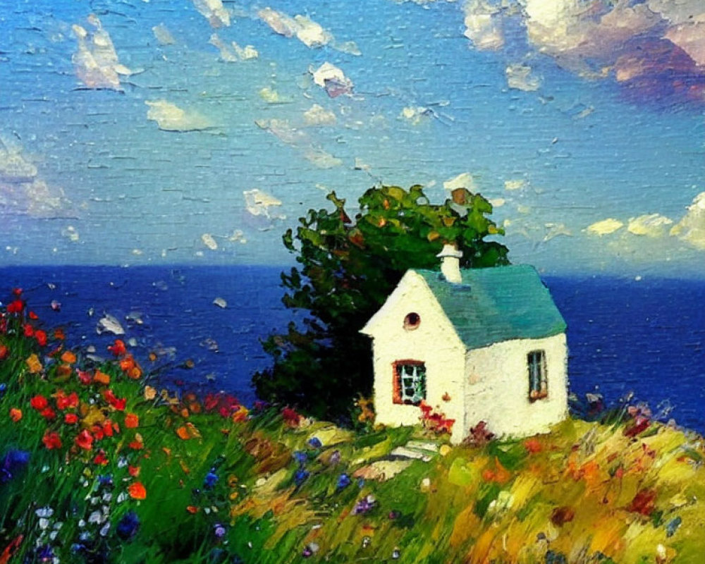 White cottage amidst colorful wildflowers on grassy hill by serene sea & cloudy sky