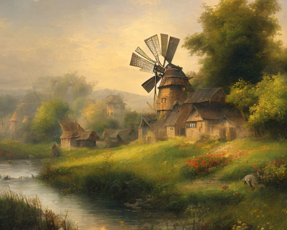Rustic village painting with thatched cottages and windmill by river