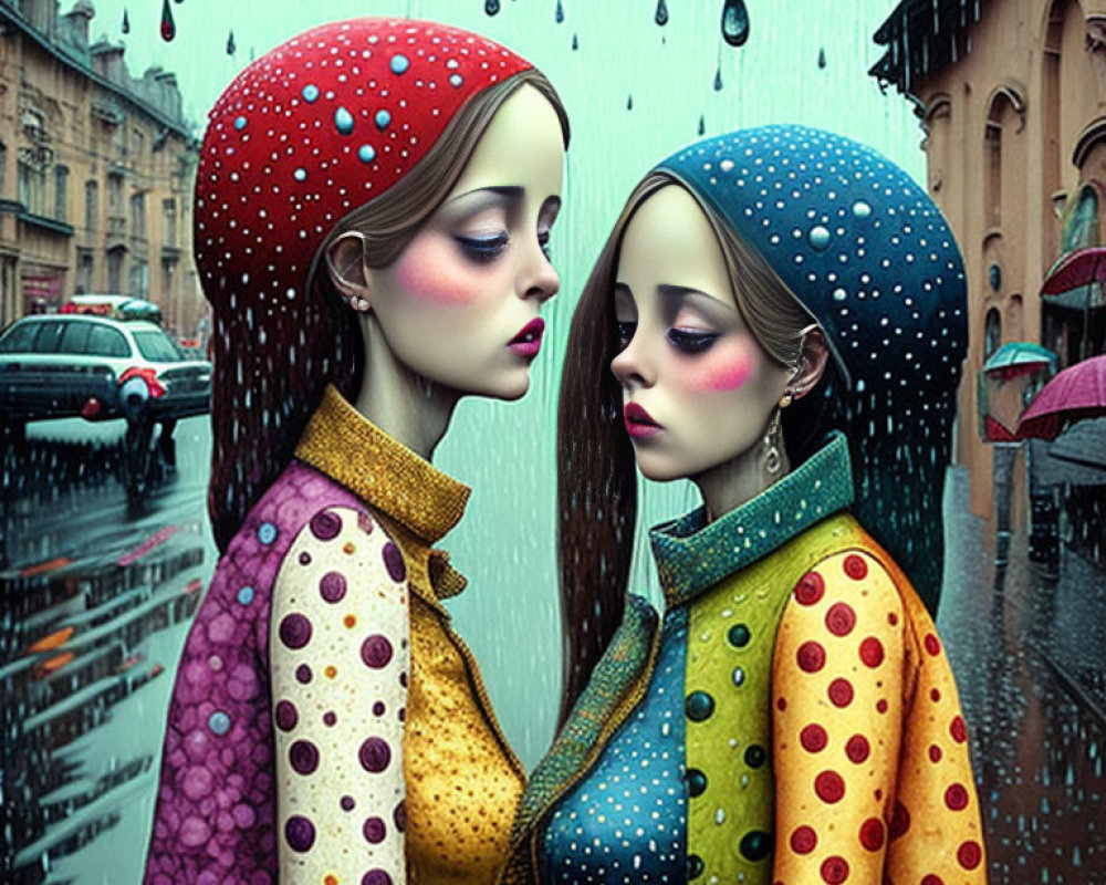 Stylized women in polka-dot outfits in rainy urban setting