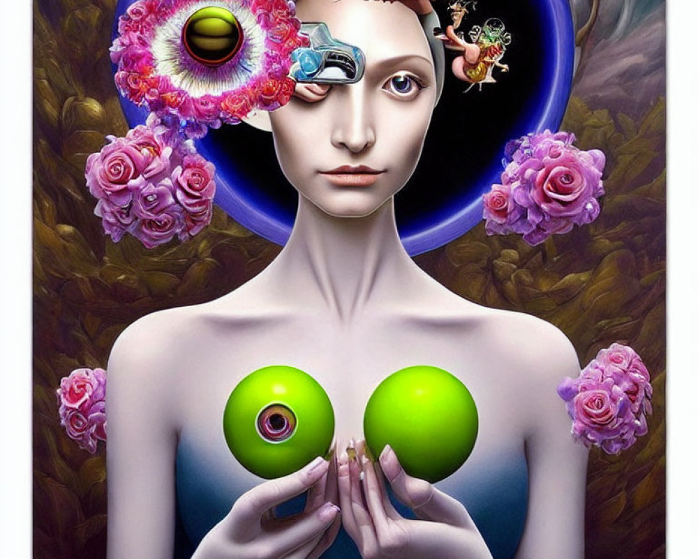 Surrealist portrait with floral headdress, planetary elements, third eye, and green spheres