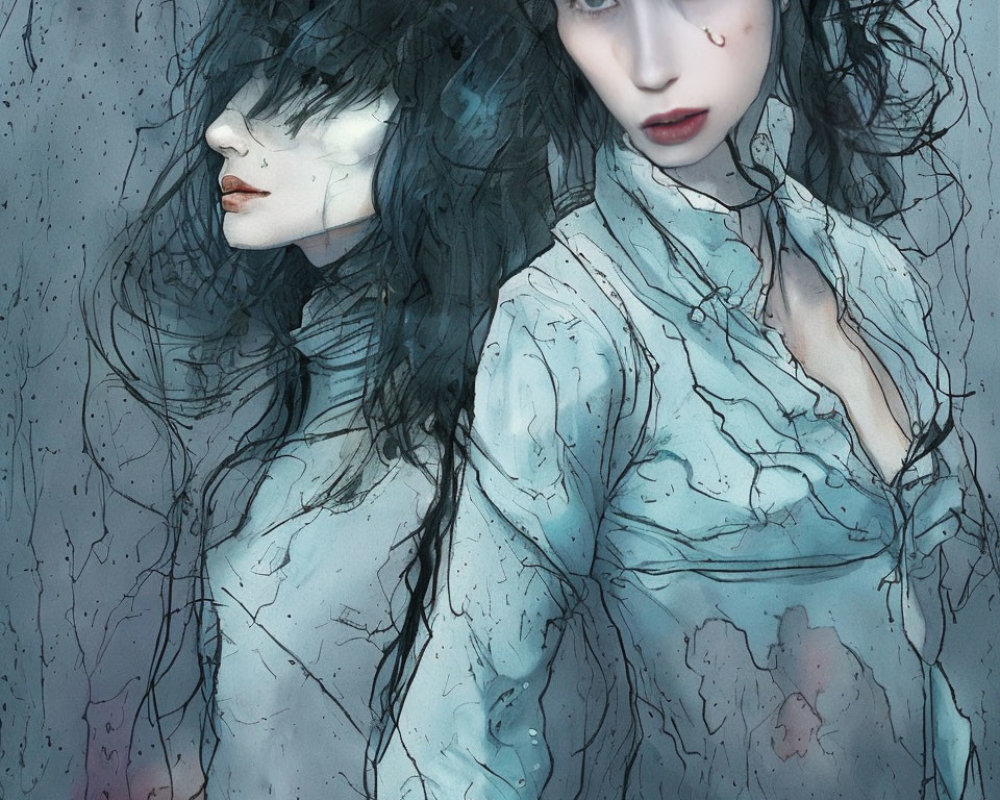 Illustration of pale woman with dark hair and menacing glare in mirrored profile.