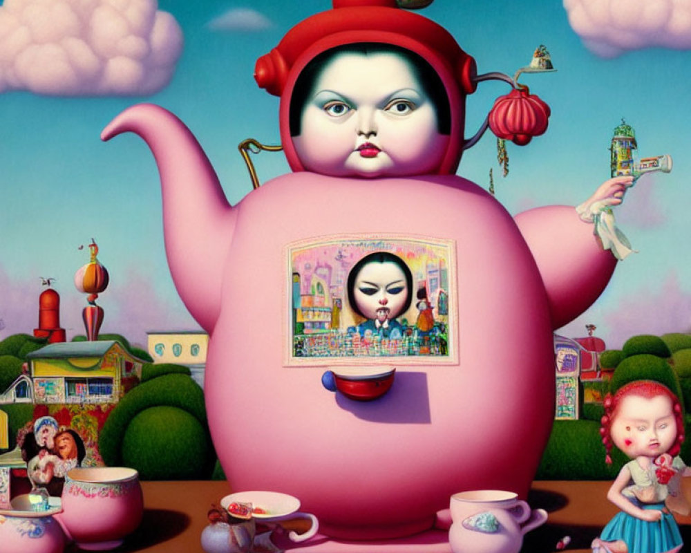 Surreal painting featuring pink teapot with human face and characters on blue sky