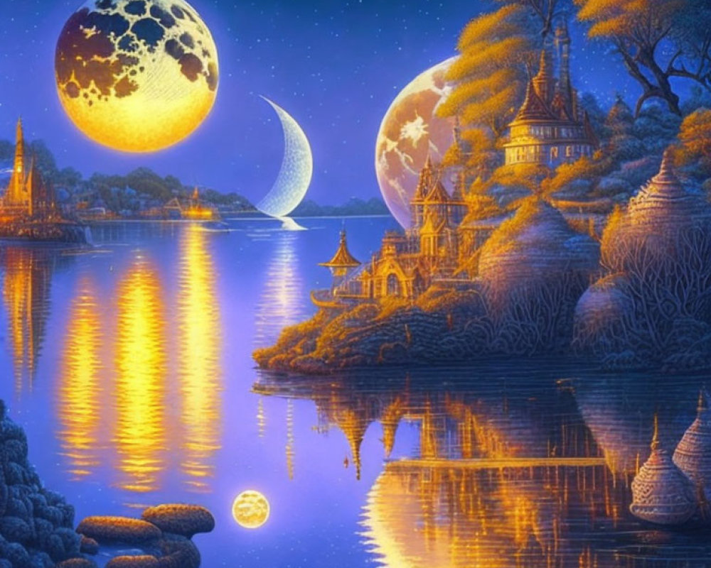 Fantastical landscape with two moons, tranquil lake, illuminated trees, traditional buildings, starry sky