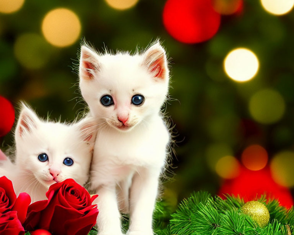 White Kittens with Blue Eyes Among Red Roses and Christmas Decorations