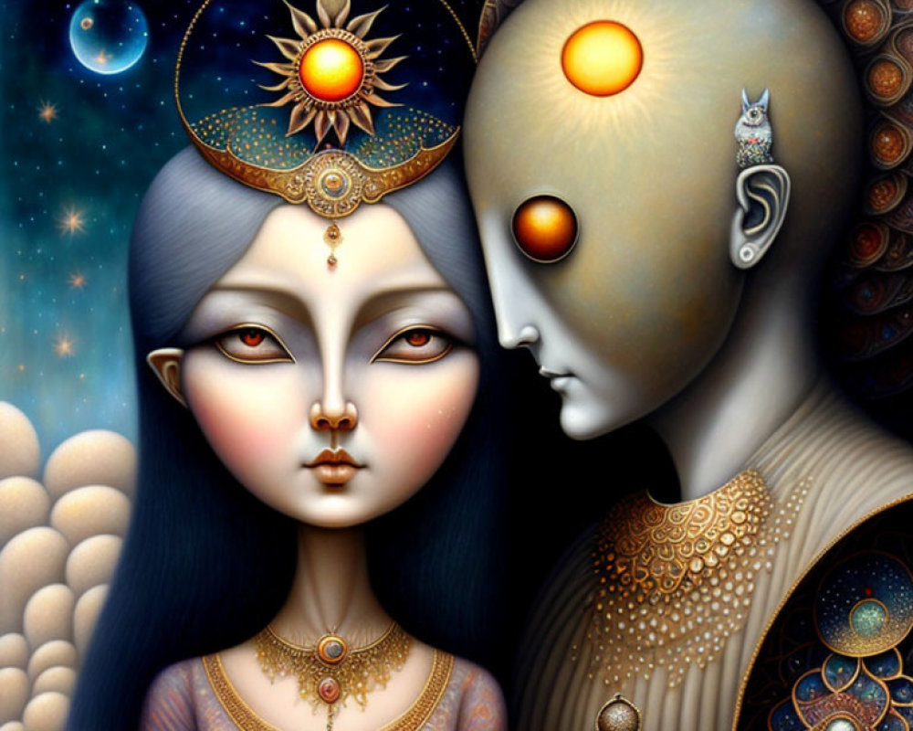 Surreal Artwork: Stylized Man and Woman with Celestial Eyes, Cosmic Background