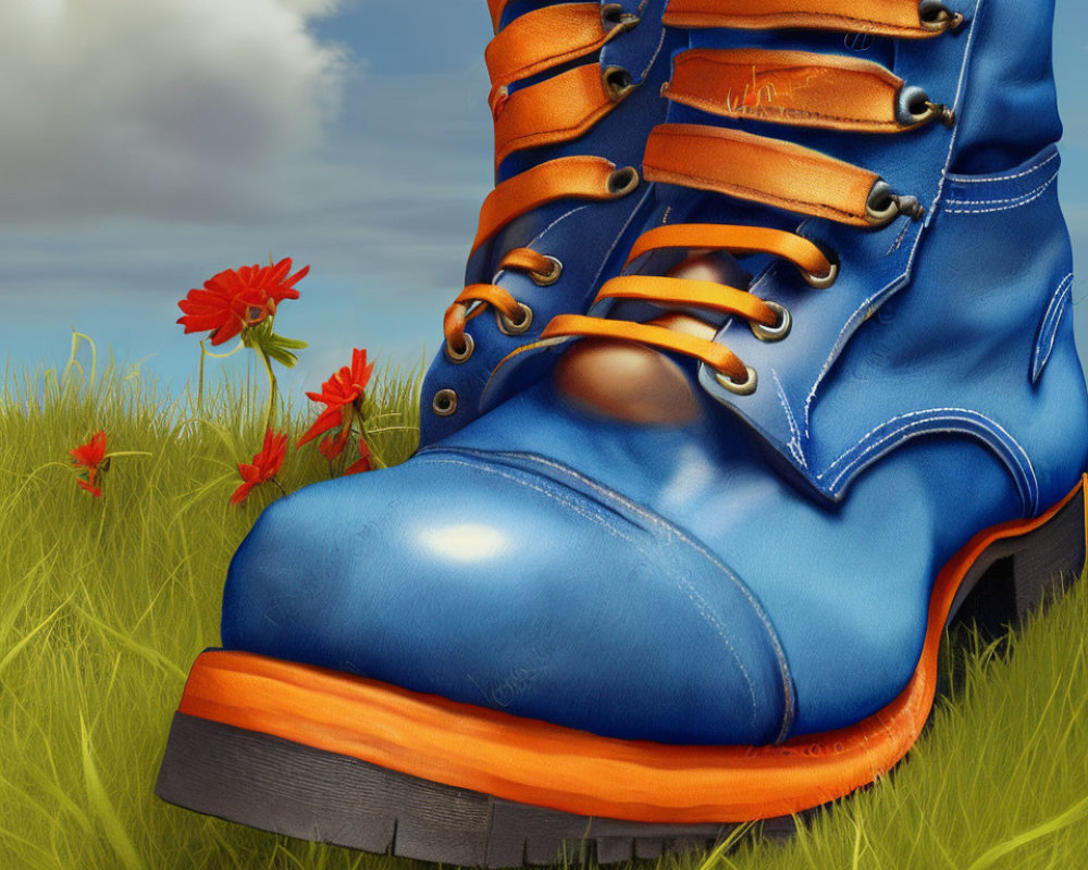 Detailed Blue Boot Illustration with Orange Accents on Grassy Field
