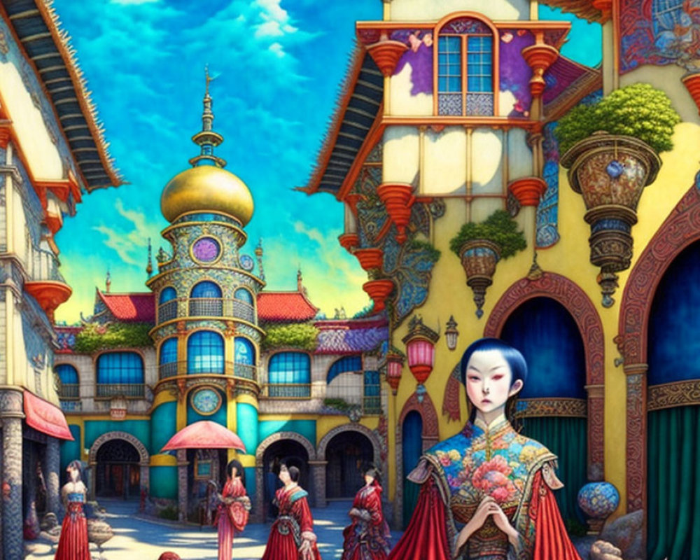 Colorful Eastern Street Scene with Ornate Buildings and Traditional Attire