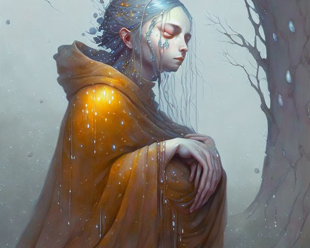 Blue-skinned figure in golden shawl by barren tree with falling droplets