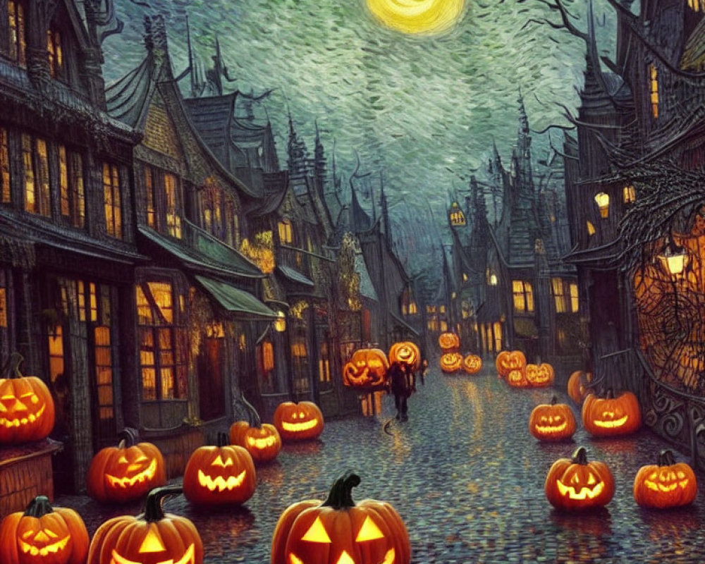 Lit Jack-o'-lanterns on Halloween street with couple under swirly night sky