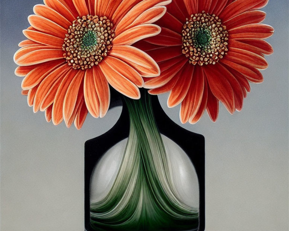 Vibrant Orange Gerbera Flowers in Glossy Black Vase on Grey Background